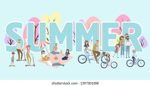 illustration with huge Summer lettering with active family vacation with kids, couples, families, relaxing on nature, ride bicycles and skateboard. Editable vector illustration