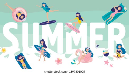 illustration with huge Summer lettering with girls surfing, swimming and spending time on the beach. Editable vector illustration
