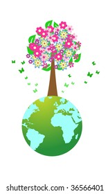 Illustration of huge tree on world globe