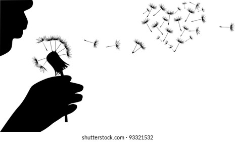 illustration with human blowing on dandelion