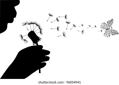 illustration with human blowing on dandelion