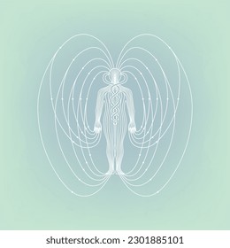 Illustration of human body magnetic energy field meridian in blue green