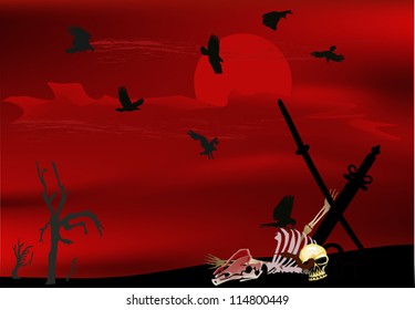 illustration with human bones and crows at sunset