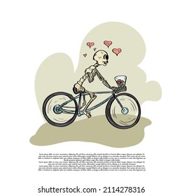 illustration of human bones looking for true love, riding a bicycle and carrying a bouquet of flowers.doodle drawing art