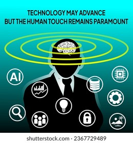 Illustration of the human brain being an important factor as the main controller of all technologies.  Technology may advance, but the human touch remains paramount.