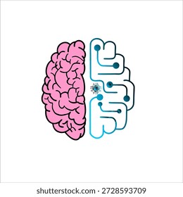 Illustration of a human brain divided into two halves, representing the balance between creativity and technology. The left side shows an organic human brain, while the right side features a digital circuit brain symbolizing artificial intelligence, innovation, and modern technology. Minimalist flat design isolated on white background, suitable for technology, education, science, and future concept visuals.