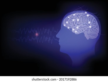 Illustration of human brain and electroencephalography or EEG recording and brain waves