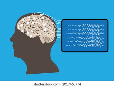 Illustration Of Human Brain And Electroencephalography Or EEG Recording And Brain Waves