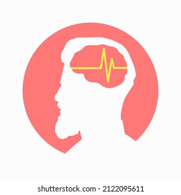 Illustration of human brain encephalography medical vector icon on human head isolated on white background. Stroke, epilepsy and Alzheimer s awareness, seizure disorder, stroke, ADHD