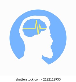 Illustration of human brain encephalography medical vector icon on human head isolated on white background. Stroke, epilepsy and Alzheimer s awareness, seizure disorder, stroke, ADHD
