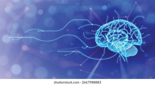 Ilustração de um cérebro humano com uma rede de conexões inteligentes em um estilo moderno em um fundo azul escuro. Uso médico, educação, indústria e comércio.