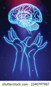 Illustration of a human brain and two human hands in a white glowing curved striped cross-section style with connected glowing white dots on a space background. Medical, scientific and commercial use.