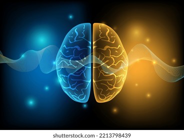 Illustration of human brain and brain waves on technology background. 