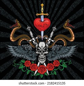 illustration human death skull with roses and wings