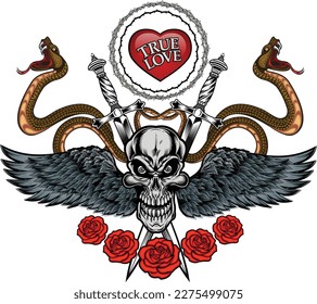 illustration human death skull with roses and wings