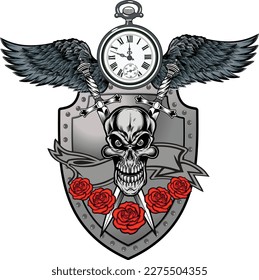 illustration human death skull with roses and wings