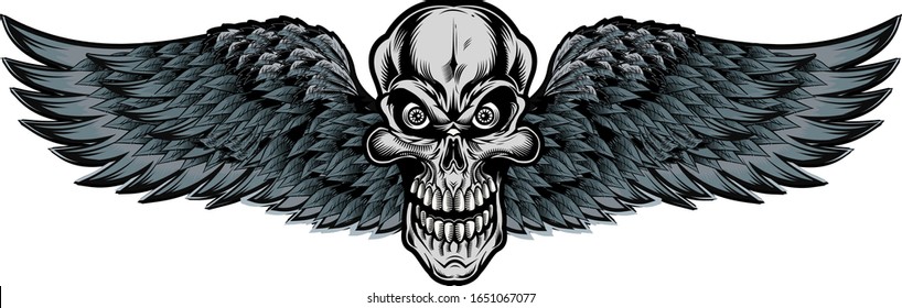 illustration human death skull with wings
