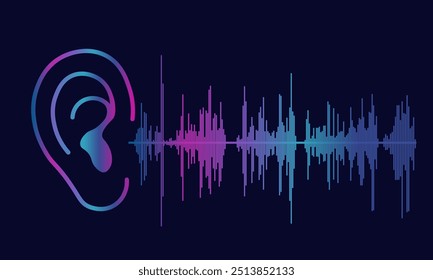 Illustration of human ear and sound wave on dark blue background