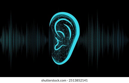 Illustration of human ear and sound wave on dark grey background