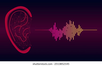 Illustration of human ear and sound wave on dark background