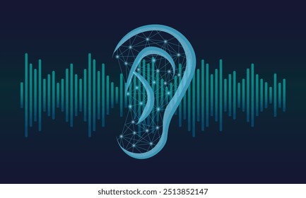 Illustration of human ear and sound wave on dark blue background