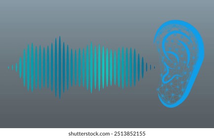 Illustration of human ear and sound wave on grey background