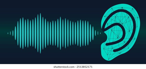 Ilustração do ouvido humano e da onda sonora sobre fundo azul escuro. Design de banner