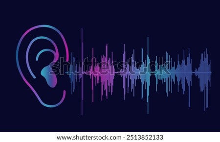 Illustration of human ear and sound wave on dark blue background