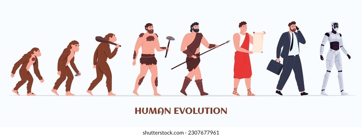 Illustration of human evolution. Development from ape to man and to humanoid robot. The progress of the human being. Vector illustration