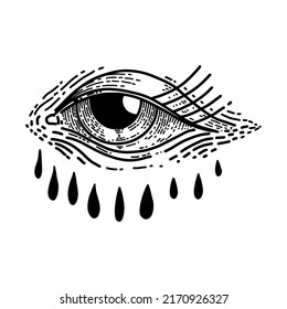 Illustration of human eye in engraving style. Design element for poster, card, banner, emblem, sign. Vector illustration