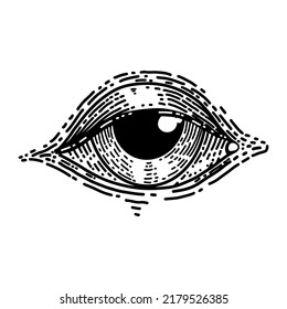 Illustration of human eye in engraving style. Design element for poster, card, banner, emblem, sign. Vector illustration