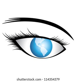 Illustration of human eye with world as iris conceptually representing world vision or universal vision