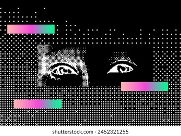 Ilustración de un ojo humano sobre un fondo pixelado y fallido. Concepto de Tecnología y vigilancia.