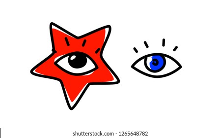 Illustration of human eyes. Vector. The look is directed to the viewer. An image of a pop star. Red star as a make-up on the face. Fashionable image for t-shirt.