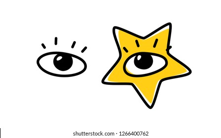 Illustration of human eyes. Vector. The look is directed to the viewer. An image of a pop star. Yellow star as a make-up on the face. Fashionable image for t-shirt.