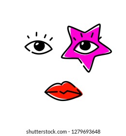 Illustration of human eyes. Vector. The look is directed to the viewer. An image of a pop star. Red star as a make-up on the face. Fashionable image for t-shirt.