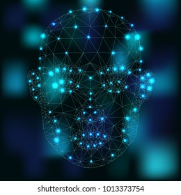 Illustration of human face consisting of polygons, dots and lines, isolated on futurustic blue background. Lines connected to points, symbolizing the meaning of artificial intelligence.