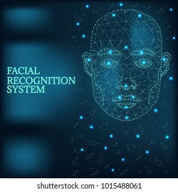 Illustration of human face consisting of polygons, dots and lines, isolated on futurustic blue background. Biometric identification or Facial recognition system, wireframe concept.