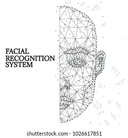 Illustration of human face consisting of polygons, dots and lines, isolated on futurustic blue background. Biometric identification or Facial recognition system, wireframe concept.