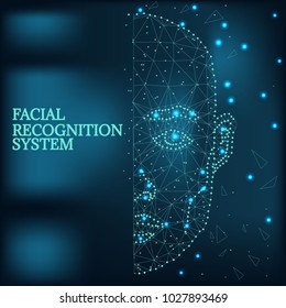 Illustration of human face consisting of polygons, dots and lines, isolated on futurustic blue background. Biometric identification or Facial recognition system, wireframe concept.
