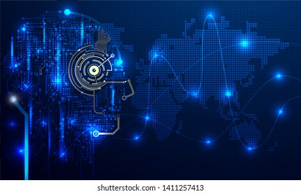 Illustration of human face made by circuit digital network for Artificial Intelligence (AI) deep learning concept on Futuristic technology background . VECTOR eps10