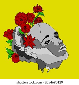 illustration of a human face statue covered with red flowers