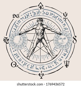 Illustration with a human figure like Vitruvian man by Leonardo Da Vinci, sun, moon and alchemical symbols. Hand-drawn banner with esoteric and magical signs written in a circle in retro style