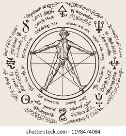 Illustration of a human figure in an octagonal star with magical inscriptions and symbols on the beige background. Vector banner with a human figure like Vitruvian man by Leonardo Da Vinci