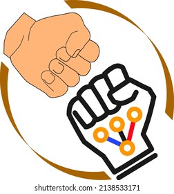 illustration of human fist and robotic fist circuit, human intelligence and artificial intelligence (robotic) technology cooperation concept icon.
