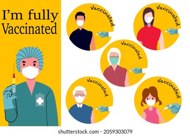 Illustration Of Human Was Fully Vaccinated For Body Immune. Logo And Picture Design For Web Banner About Campaign For Safe People With Fully Vaccinated.