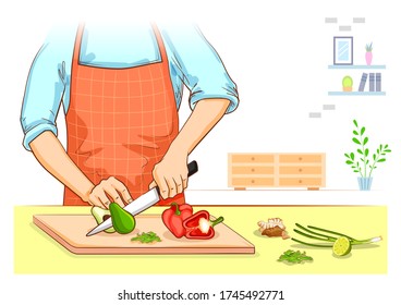 illustration of human hand chopping and cutting fresh vegetable for home cooking