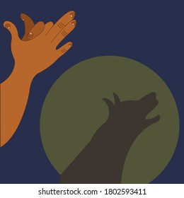 An Illustration Of A Human Hand And A Dog Shaped Shadow. Shadow Puppet Concept.