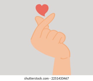 Illustration of a human hand doing a mini heart symbol. Love sign with index finger and thumb crossed. Traditional Korean gesture to show love and respect. Saint Valentine's day, I love you concept.