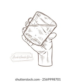 Illustration of a human hand elegantly holding a glass of water or juice. Use in food and beverage production projects, restaurant branding or art design. Perfect for culinary concepts